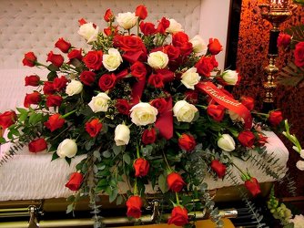 Red and White Rose Casket Spray from Lesher's Flowers, local St. Louis Florist since 1973