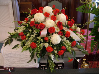 Red and White Casket Spray from Lesher's Flowers, local St. Louis Florist since 1973