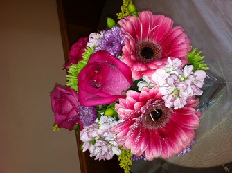 Hot Pink Gerber's with Lavender Stock Bridesmaid from Lesher's Flowers, local St. Louis Florist since 1973