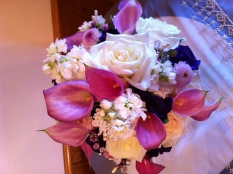 Purple Calla Lily and Ivory Rose Bridal Bouquet from Lesher's Flowers, local St. Louis Florist since 1973