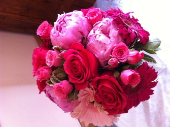 Hot Pink Gerbers and Peonies Bridal Bouquet from Lesher's Flowers, local St. Louis Florist since 1973