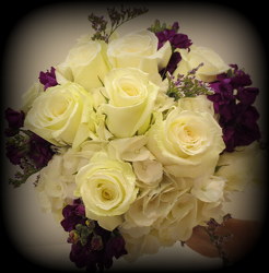 Roses & Purple Stock Bridal from Lesher's Flowers, local St. Louis Florist since 1973