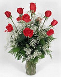 Red Beauties with Babies Breath from Lesher's Flowers, local St. Louis Florist since 1973